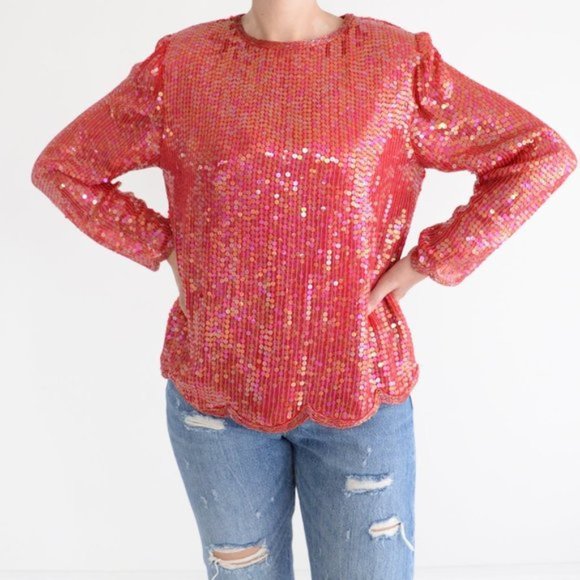 Lord &Taylor Red Sequin Long Sleeve 100% Silk Shirt with Shoulder Pads Small - Picture 2 of 10